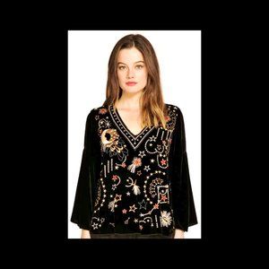 Johnny Was "Callisto" Velvet Top Embroidered Groovy Moon & Stars